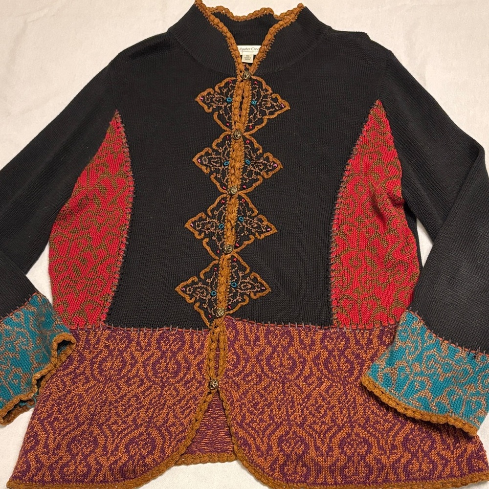 Coldwater Creek bohemian patchwork cardigan sweater w/embroidery - size XL